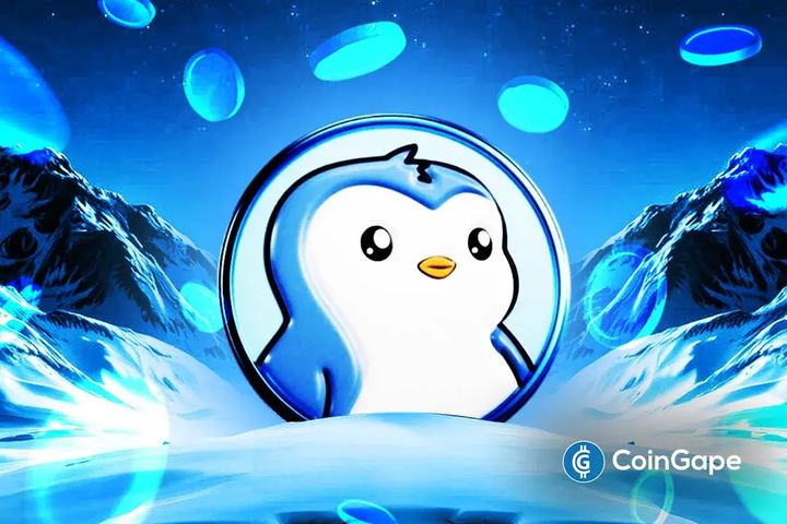 PENGU token artwork against icy landscape, symbolizing growing brand momentum during a weaker crypto market