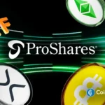 ProShares crypto ETF symbols with SEC emblem shown amid crackdown on high-leverage ETF proposals.