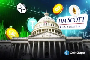 U.S. Capitol with major crypto tokens and Tim Scott signage as lawmakers advance crypto market structure plans.
