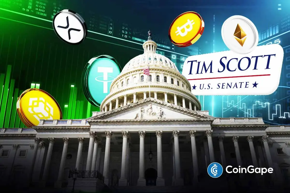 U.S. Capitol with major crypto tokens and Tim Scott signage as lawmakers advance crypto market structure plans.
