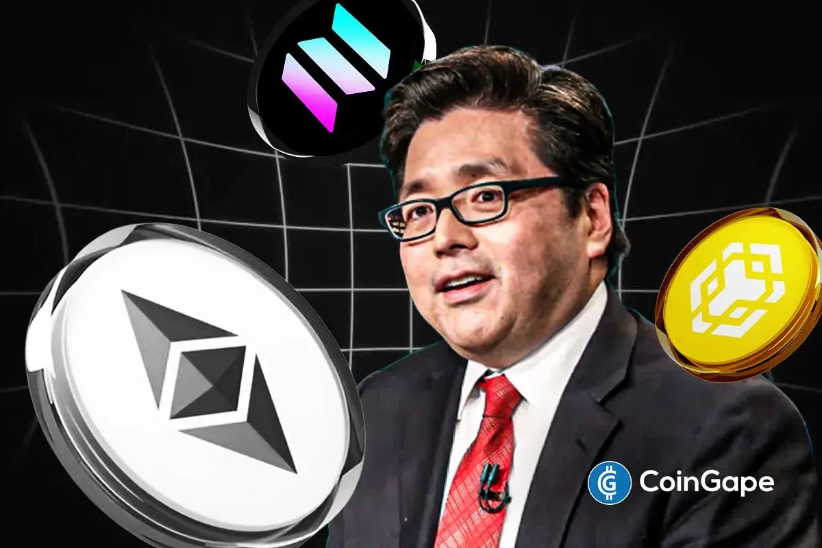 Tom Lee pictured with Ethereum, Solana, and BNB logos as BitMine expands $1.3B ETH staking in 2025 inflow surge.