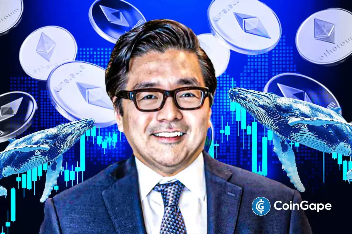 Tom Lee pictured with Ethereum coins and whale graphics, reflecting Bitmine’s rising ETH accumulation and growing institutional control.