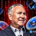 Ken Griffin shown beside SEC symbols and DeFi graphics amid Citadel's push to tighten crypto rules.