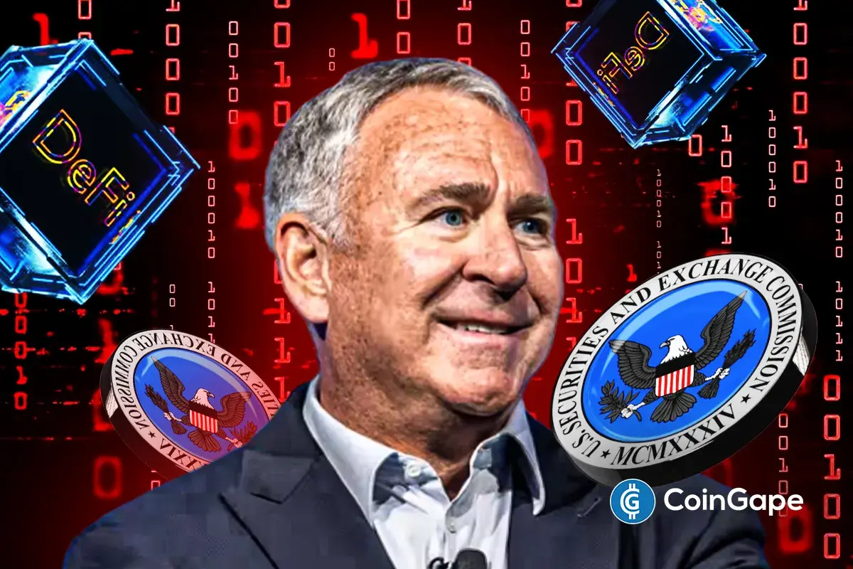 Ken Griffin shown beside SEC symbols and DeFi graphics amid Citadel's push to tighten crypto rules.