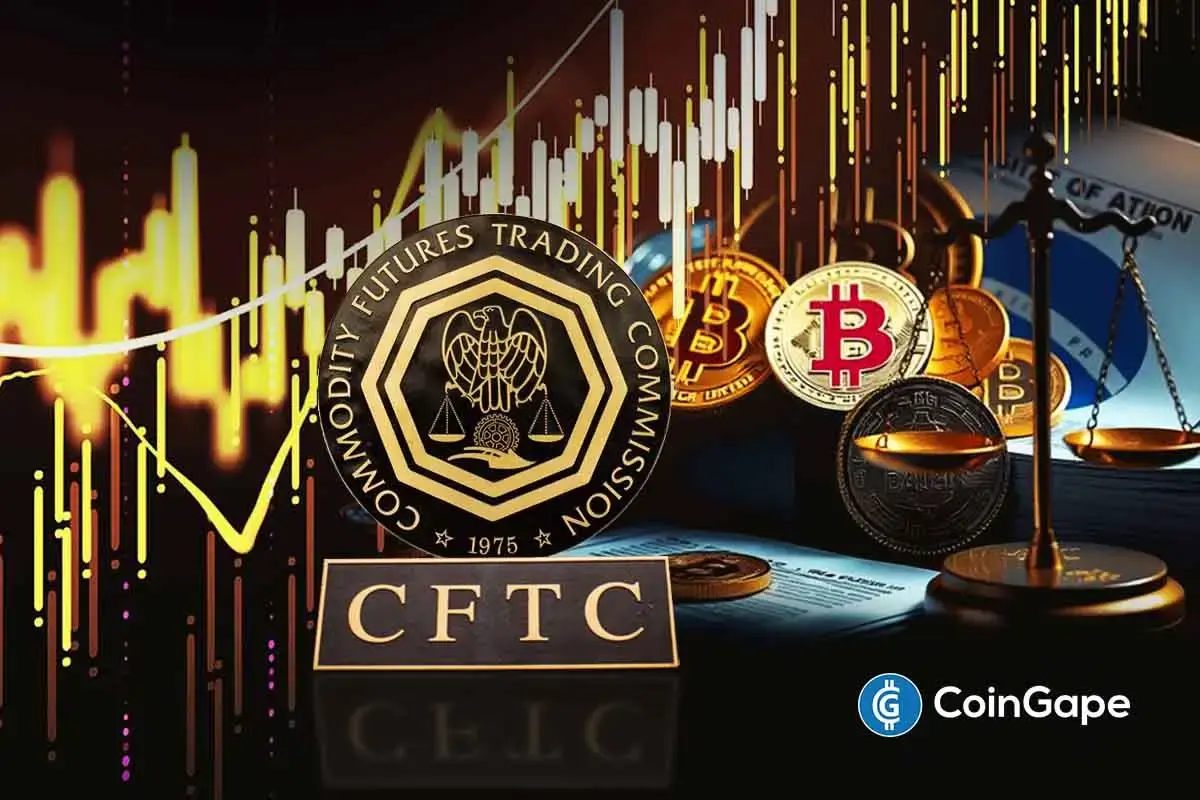 CFTC seal alongside Bitcoin and market charts symbolizing the regulator’s shift away from outdated crypto market rules.