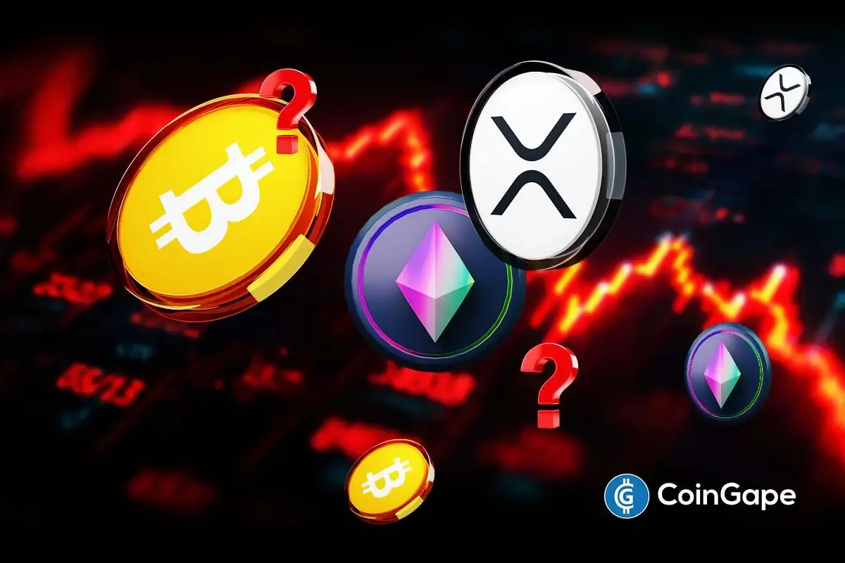 Bitcoin, Ethereum, and XRP icons fall against red charts as crypto markets slide amid macro uncertainty and BoJ rate hike fears.