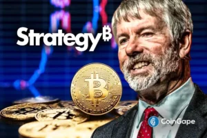 An image of Michael Saylor and Strategy and Bitcoin logo