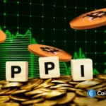 Bitcoin tokens float above PPI blocks and rising charts, illustrating market uncertainty from missing U.S. inflation report.
