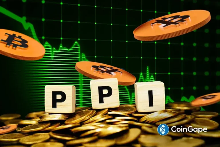 Bitcoin tokens float above PPI blocks and rising charts, illustrating market uncertainty from missing U.S. inflation report.