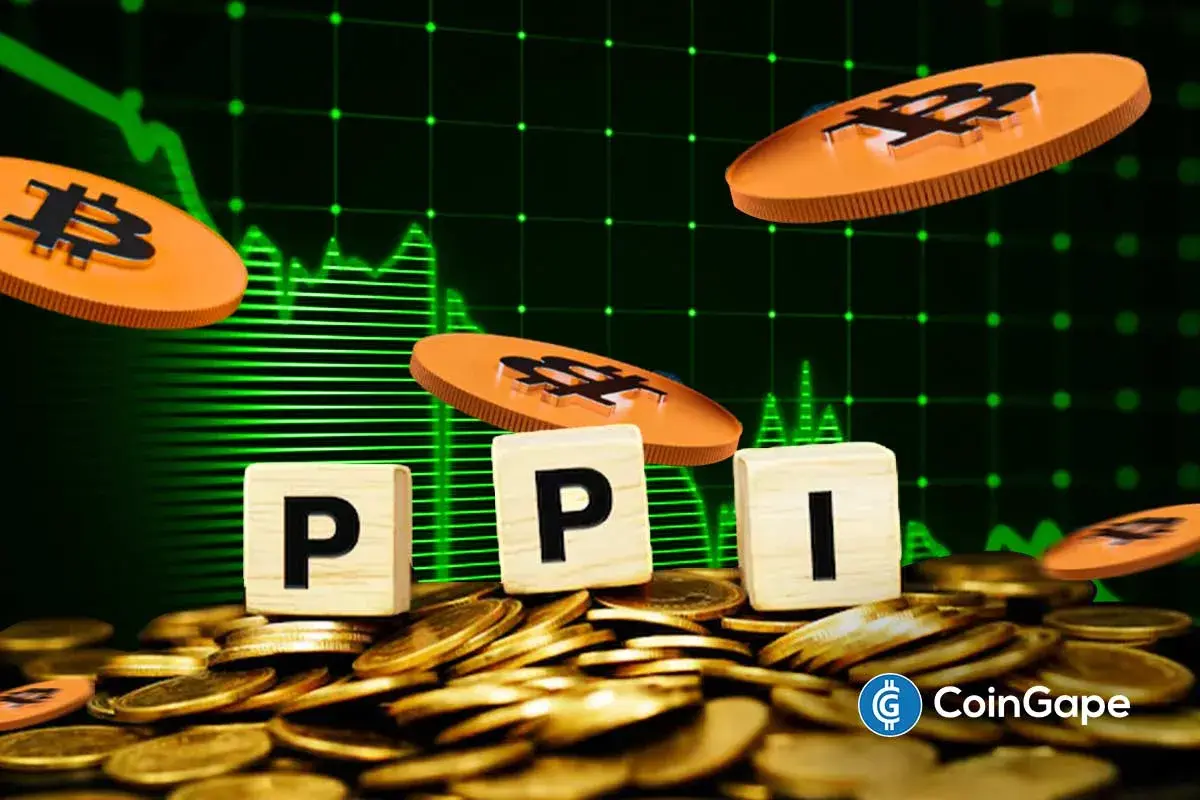 Bitcoin tokens float above PPI blocks and rising charts, illustrating market uncertainty from missing U.S. inflation report.