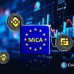 Binance logos surround MiCA symbol as exchange seeks EU regulatory approval in Greece under the Markets in Crypto-Assets framework