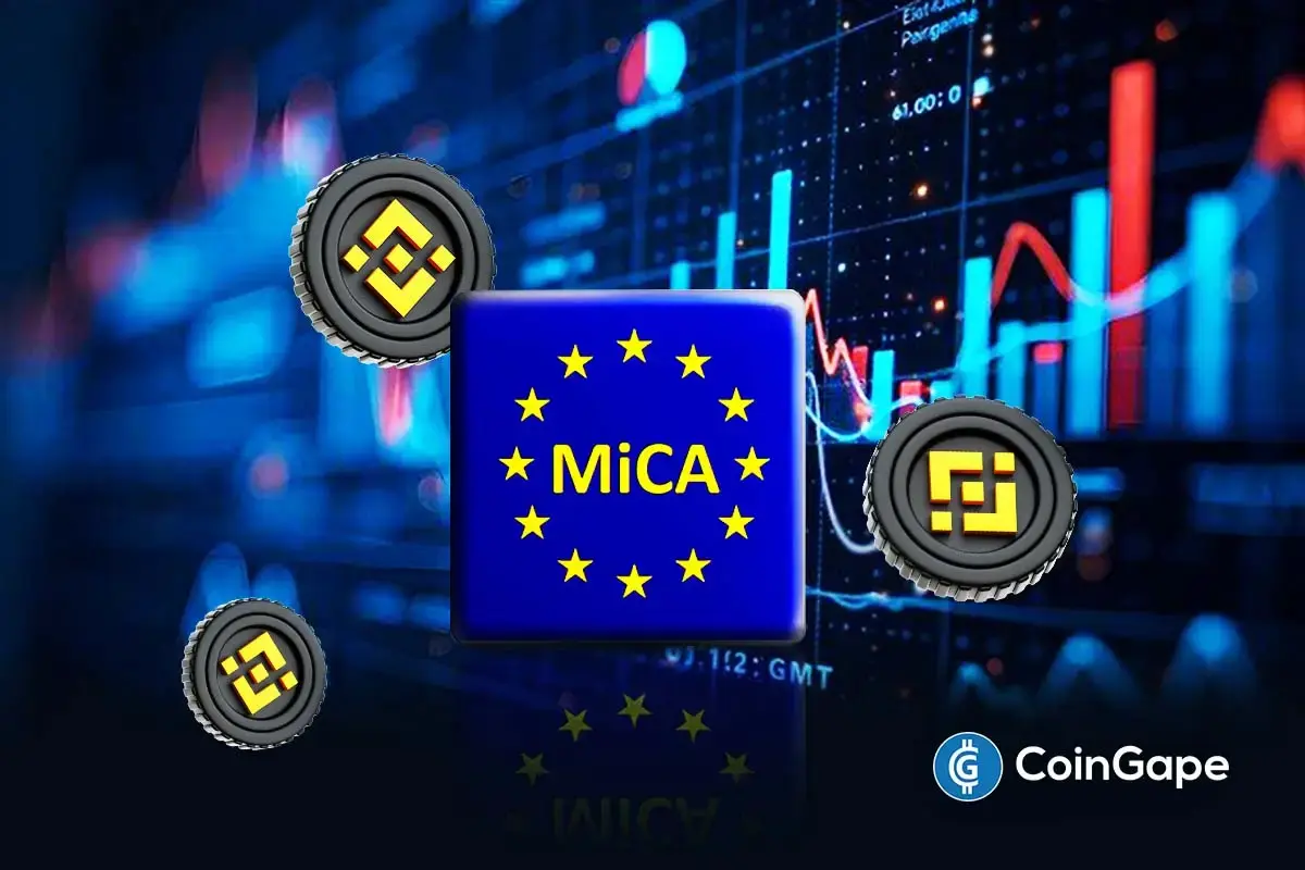 Binance logos surround MiCA symbol as exchange seeks EU regulatory approval in Greece under the Markets in Crypto-Assets framework
