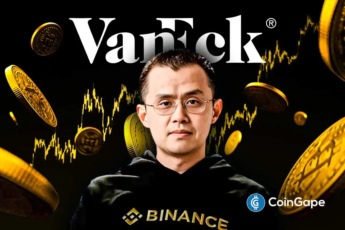 an image of CZ and VanEck's logo to represent the Bitcoin prediction