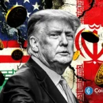 Donald Trump stands before U.S. and Iran flags as Bitcoin and gold react to rising geopolitical tensions.