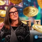 Cathie Wood speaks as Bitcoin and ETF graphics appear, highlighting ARK Invest’s latest crypto ETF filings.