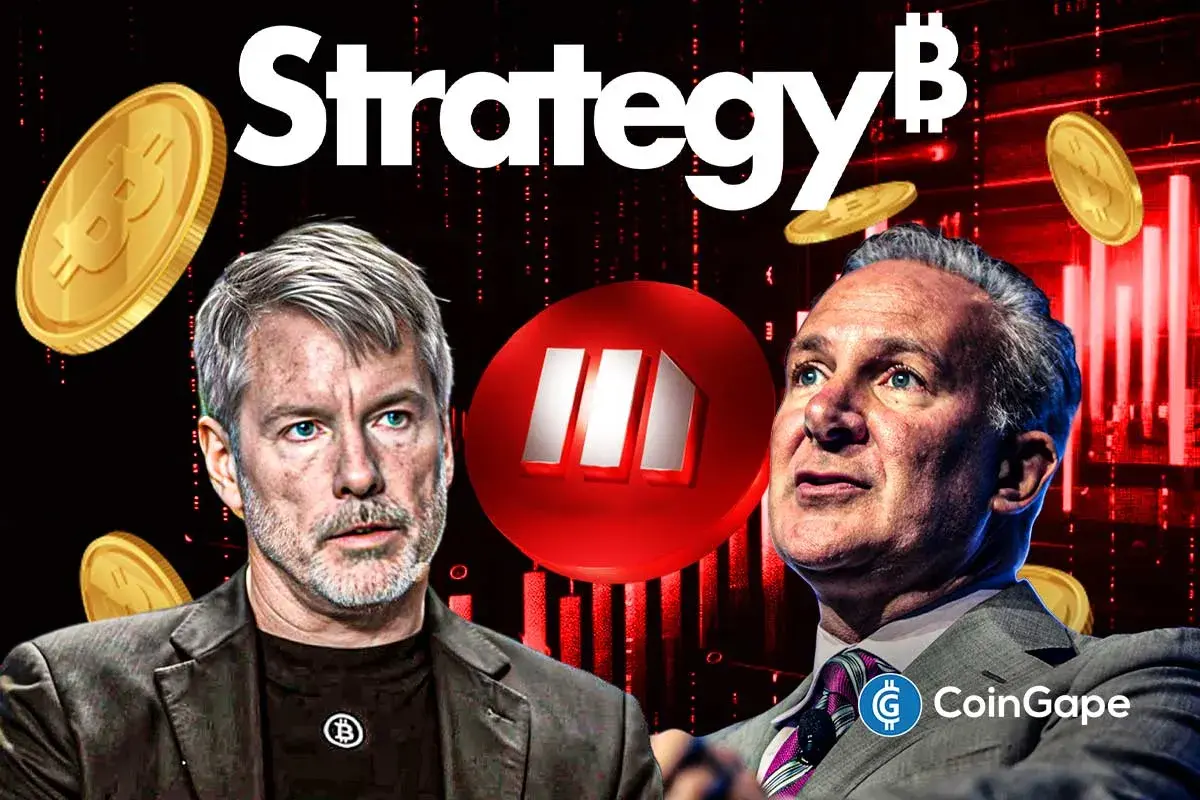 Michael Saylor and Peter Schiff shown with Strategy logo and Bitcoin icons as debate grows over MSTR stock decline
