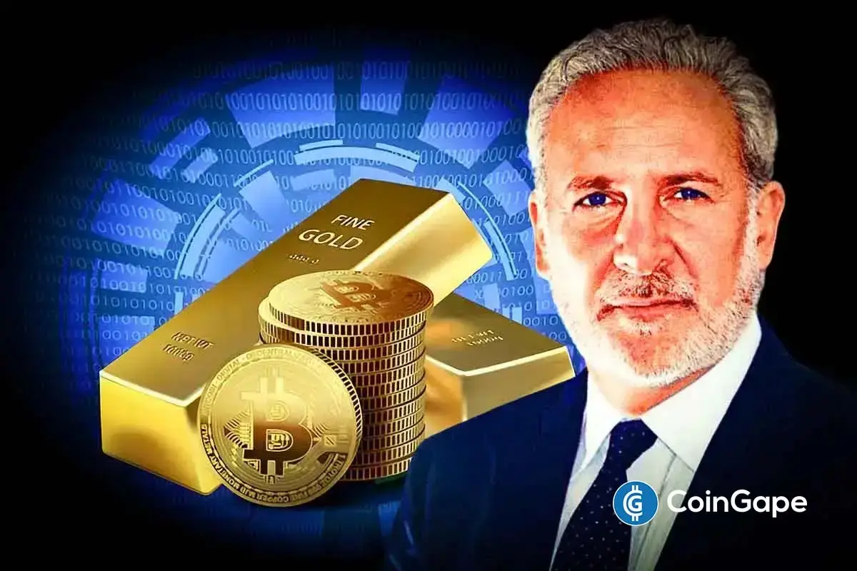 Peter Schiff speaks as Bitcoin and gold appear on screen, highlighting his criticism of crypto as a global reserve asset.