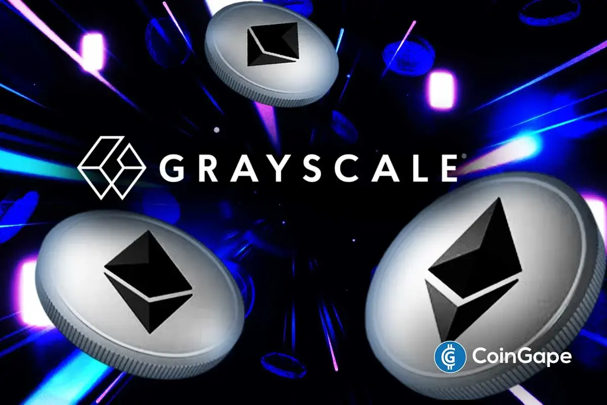 Grayscale logo surrounded by Ethereum coins, highlighting staking rewards and renewed investor confidence in Ethereum ETF inflows.