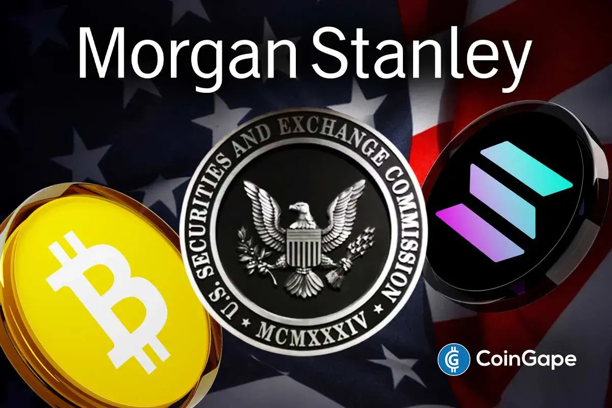 an image of Morgan Stanley, Bitcoin, and Solana logos