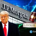 US president points forward as JPMorgan building and gavel appear amid lawsuit over alleged politically motivated debanking.