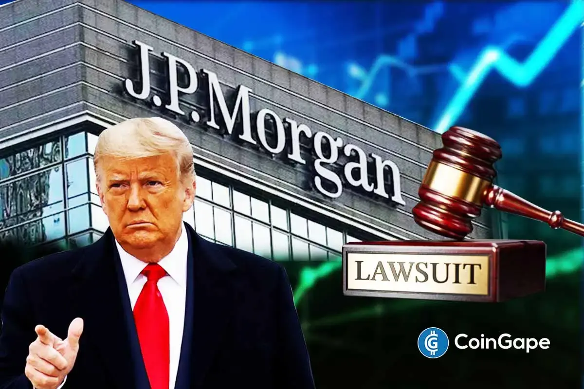 US president points forward as JPMorgan building and gavel appear amid lawsuit over alleged politically motivated debanking.