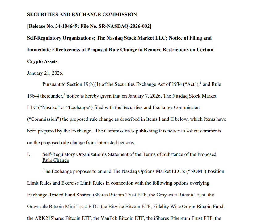 Breaking: Nasdaq Files with US SEC to Remove Bitcoin and Ethereum ETFs Restrictions