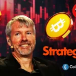 Michael Saylor with Bitcoin and MSTR symbols as Strategy faces market pressure after Bitcoin slump and Q4 stock decline