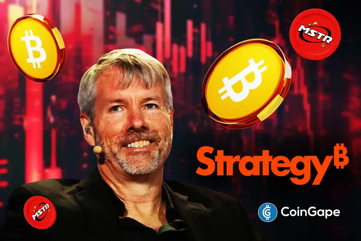 Michael Saylor with Bitcoin and MSTR symbols as Strategy faces market pressure after Bitcoin slump and Q4 stock decline