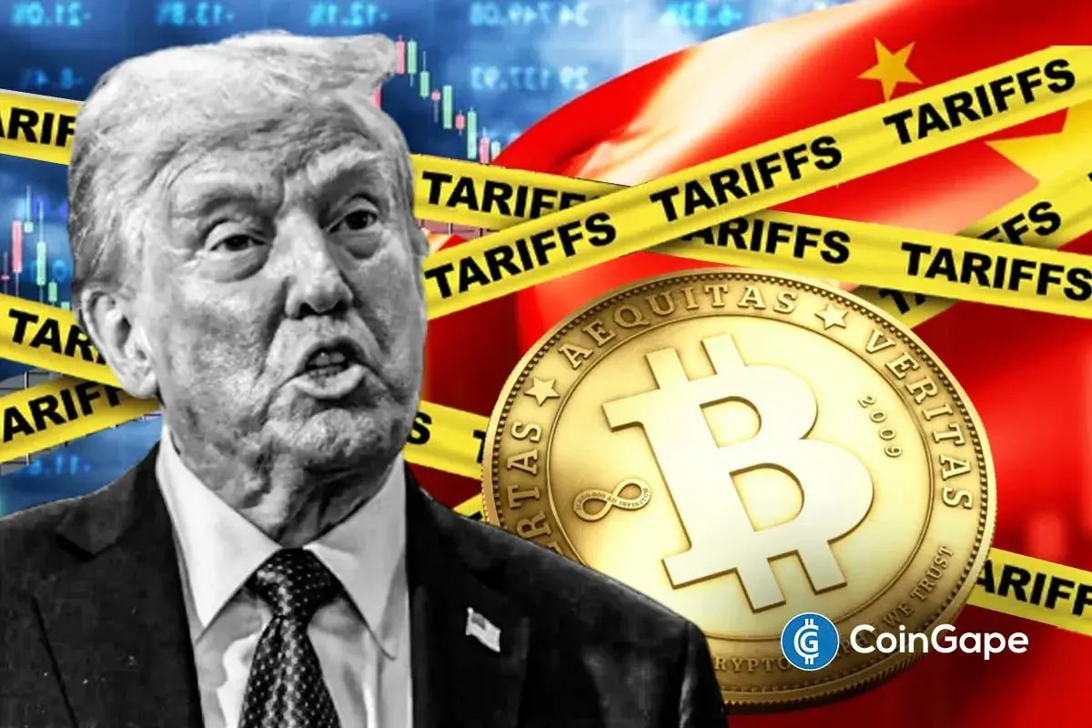 Trump stands beside Bitcoin symbol as tariff tensions rise, highlighting crypto market reactions to U.S. trade policy shifts.