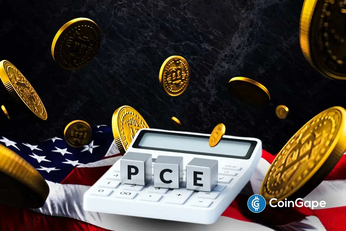 U.S. PCE inflation data symbolized by calculator as Bitcoin price reacts amid Federal Reserve policy uncertainty.