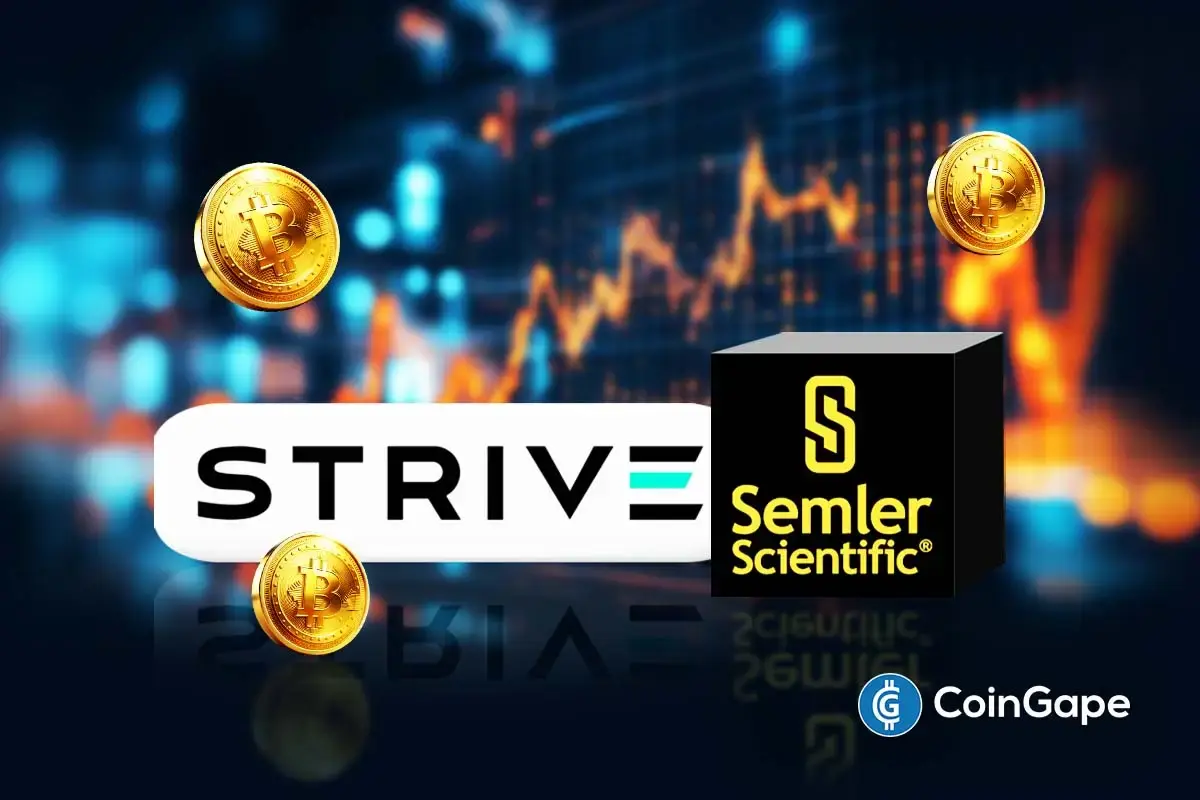 Strive and Semler Scientific logos appear with Bitcoin icons, illustrating the all-stock acquisition expanding Strive’s Bitcoin treasury holdings.