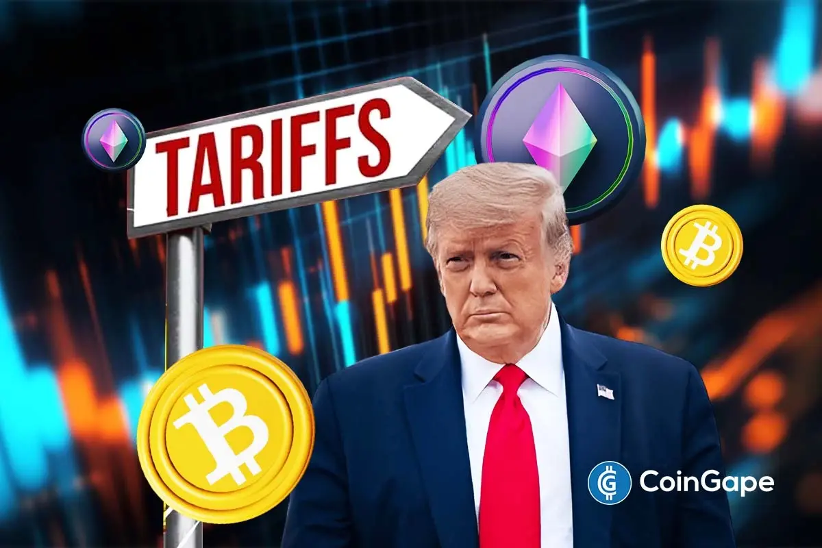 Donald Trump shown with Bitcoin and Ethereum icons as markets assess tariff ruling risks during $2.2B crypto options expiry