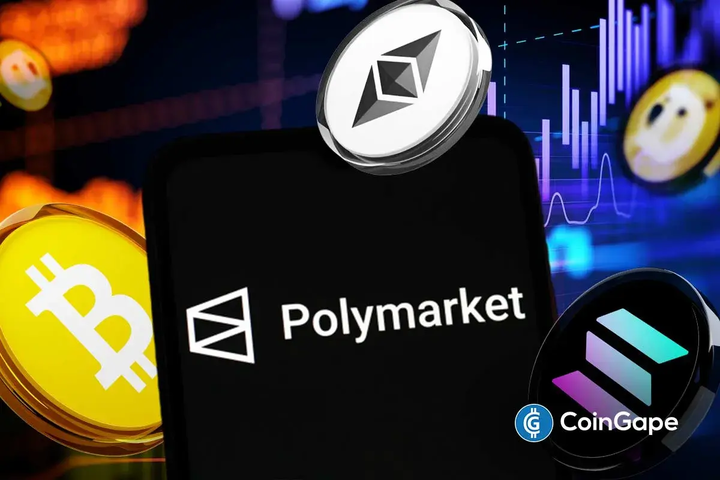 Polymarket logo with Bitcoin, Ethereum, and Solana tokens, highlighting growth in crypto-based prediction markets and data-driven trading