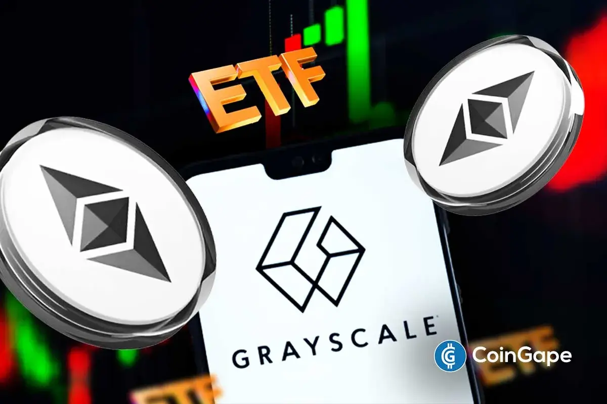 Grayscale logo surrounded by Ethereum coins, highlighting staking rewards and renewed investor confidence in Ethereum ETF inflows.