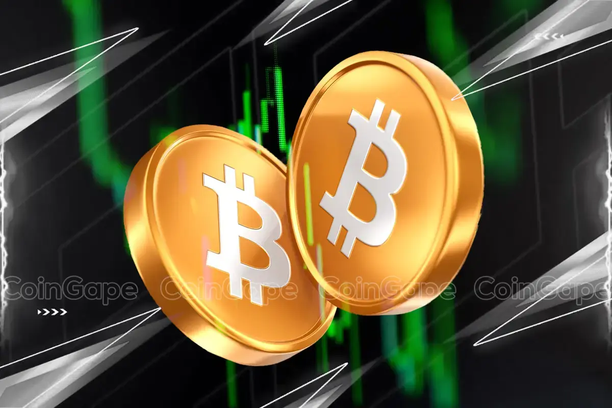 Bitcoin coins displayed with green price chart background, showing BTC market rebound above $70,000.