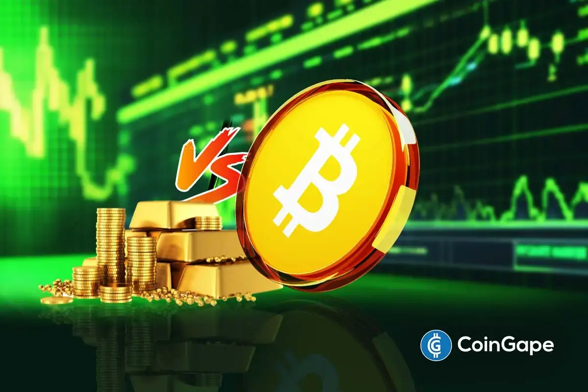 Bitcoin vs gold visual shows BTC coin against gold bars on rising chart