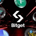 Bitget exchange logo with crypto tokens around it illustrating Bitget Fan Club launch to boost community engagement