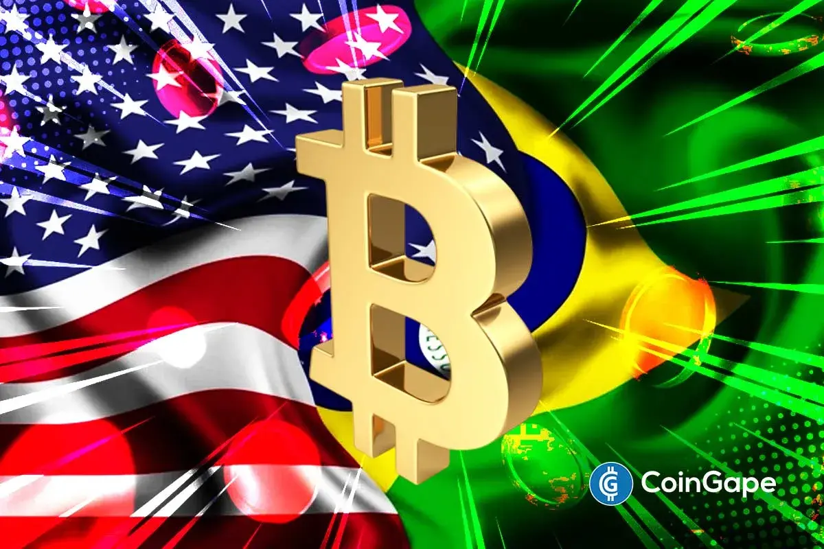 Brazil and U.S. flags behind large Bitcoin symbol highlighting sovereign Bitcoin reserve policy debate