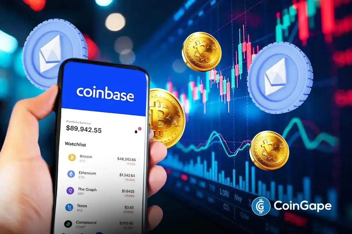 Coinbase app showing Bitcoin and Ethereum balances as retail buying lifts COIN stock