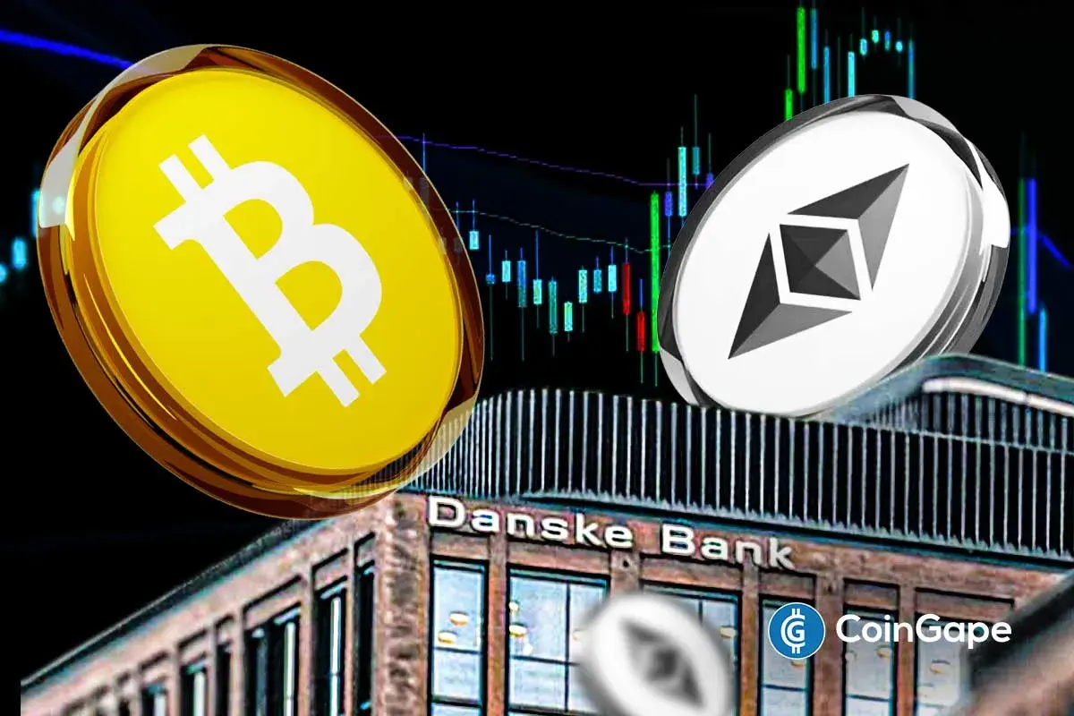 Bitcoin and Ethereum coins displayed over Danske Bank building after lender ended eight-year crypto ban
