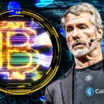 Michael Saylor beside glowing Bitcoin symbol on digital tech background