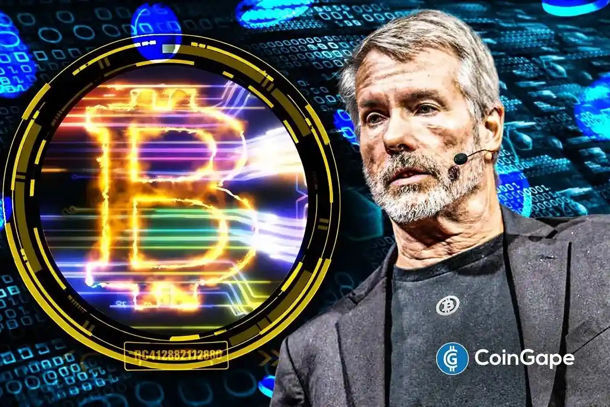 Michael Saylor beside glowing Bitcoin symbol on digital tech background