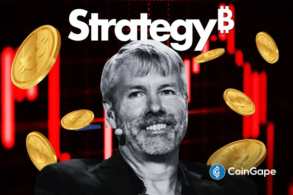 An image of Saylor and the Strategy and Bitcoin logos