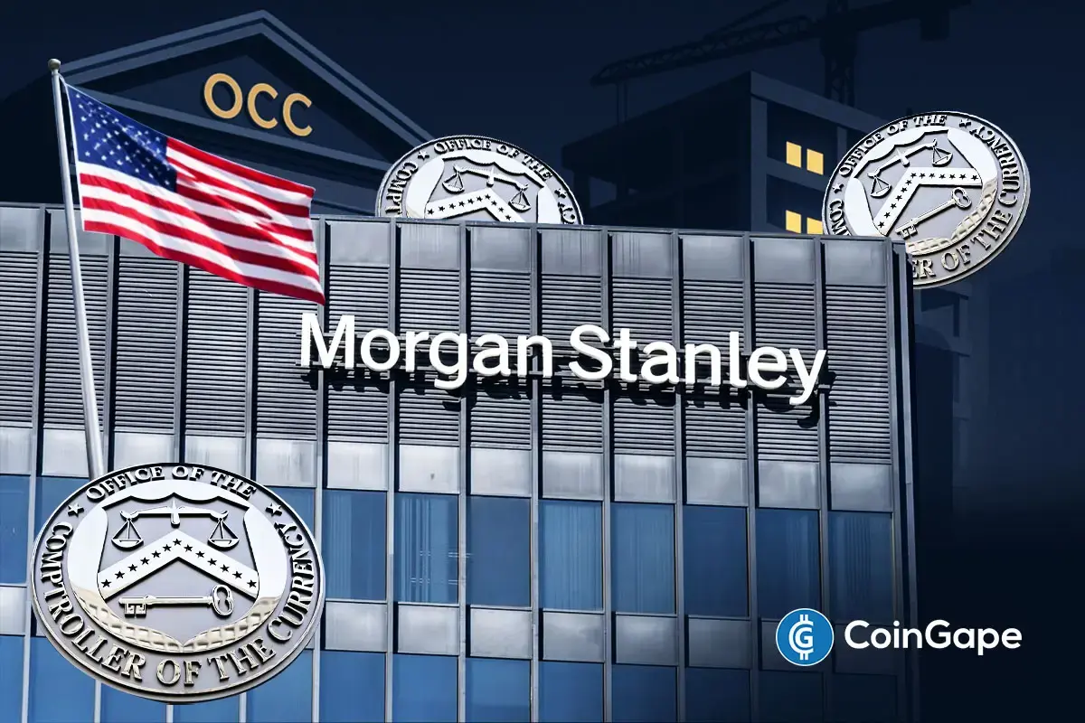 Morgan Stanley headquarters with OCC seals representing crypto trust bank charter application and federal custody regulation