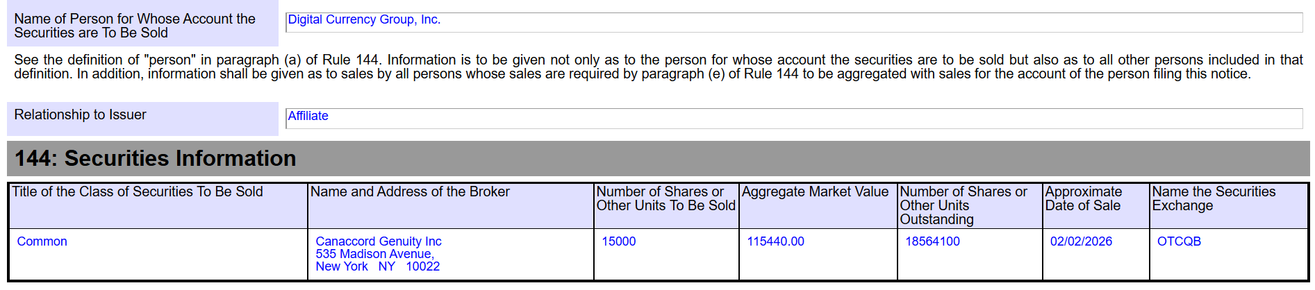 Digital Currency Group (DCG) Sold GSOL Shares