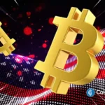 Gold Bitcoin symbols over U.S. flag background reflecting BTC price rise after strong ISM PMI data