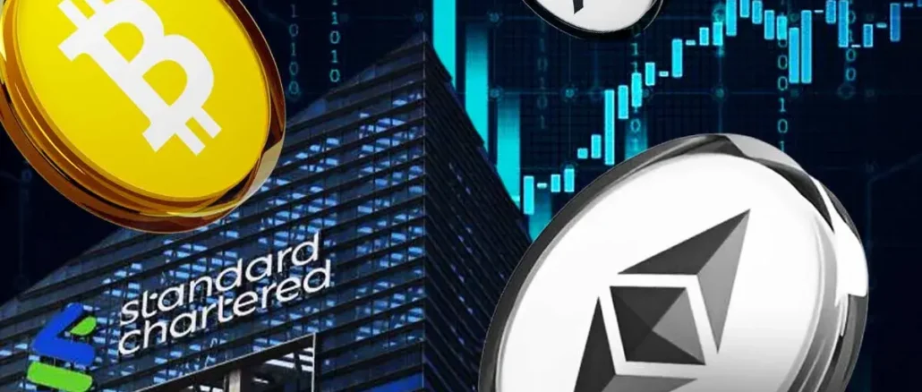 Standard Chartered building with Bitcoin, Ethereum, and XRP tokens after XRP forecast downgrade and institutional flow shift
