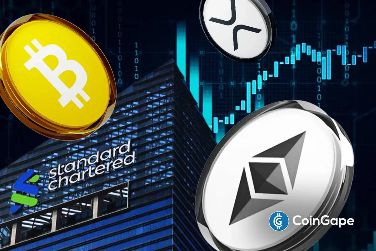 Standard Chartered building with Bitcoin, Ethereum, and XRP tokens after XRP forecast downgrade and institutional flow shift