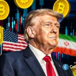 an image of Bitcoin logo and the U.S. and Iran flag