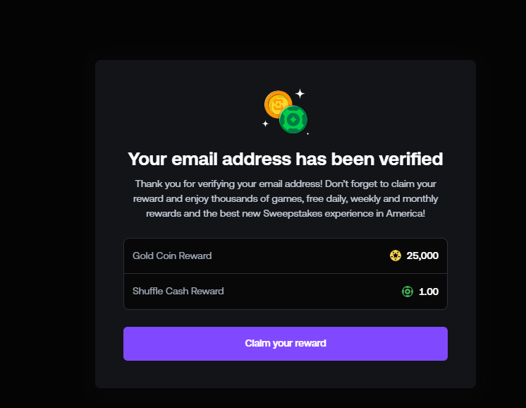 For Shuffle.us, the bonus is credited automatically after sign-up (Gold Coins and Shuffle Cash).